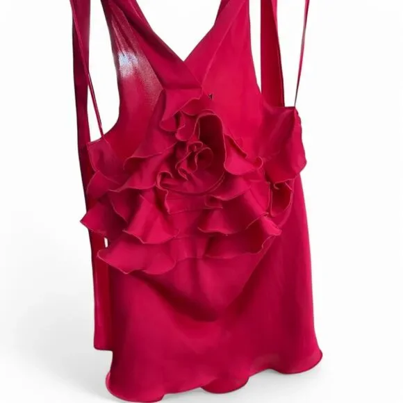 Hot pink ruffle blouse with adjustable criss cross strap, halter top style. - Picture 2 of 8